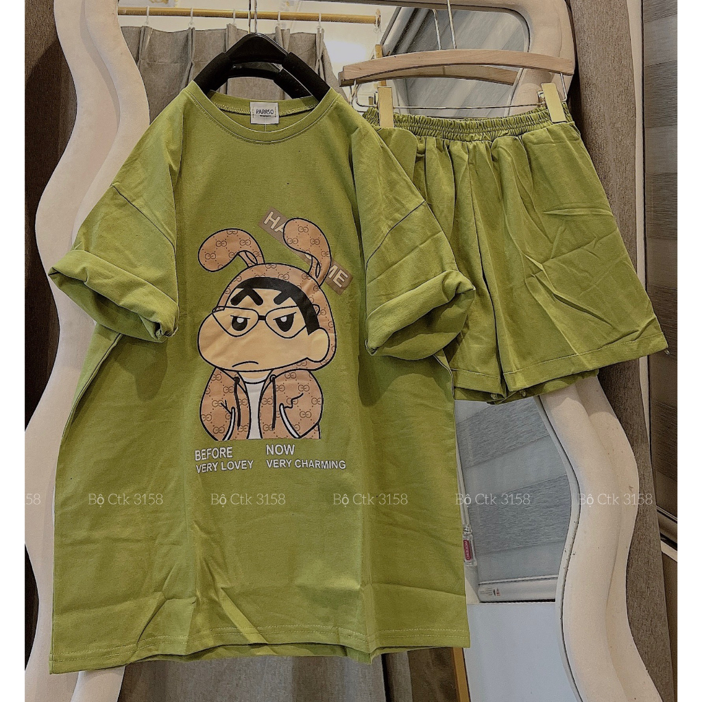 Set Cộc Thể Thao Dáng Rộng 3158 Hình Sin CHất Cotton Khô Cổ Tròn Tay Lỡ- Bộ Đùi Ngắn Tay Dáng Rộng