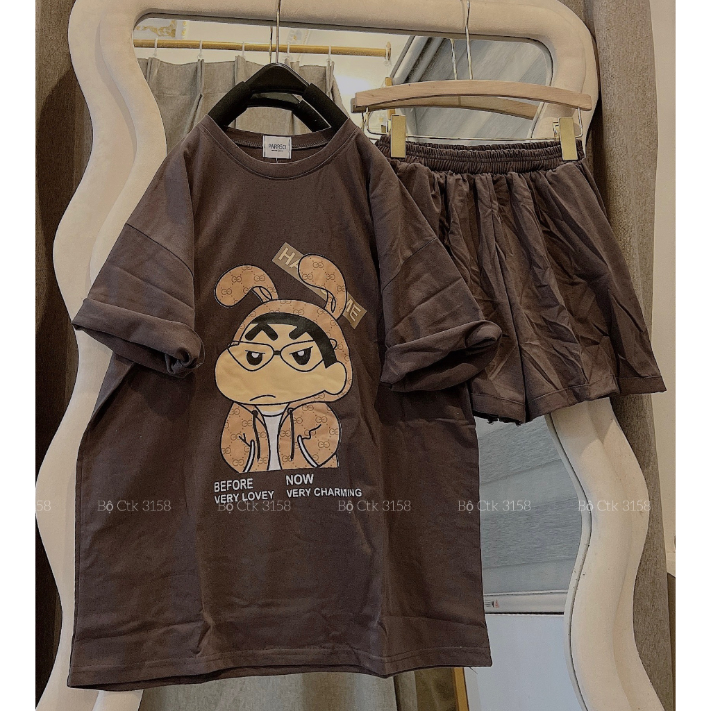 Set Cộc Thể Thao Dáng Rộng 3158 Hình Sin CHất Cotton Khô Cổ Tròn Tay Lỡ- Bộ Đùi Ngắn Tay Dáng Rộng