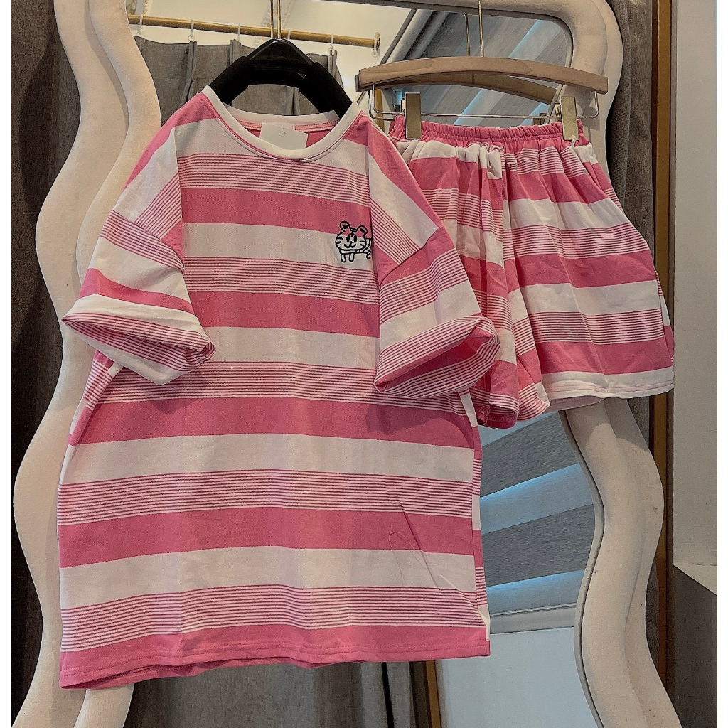 Set Cộc Thể Thao 3158 Kẻ Phối cổ Tròn Cạp Chun Unisex Nam Nữ Dáng Rộng - Bộ Đùi Ngắn Tay Chất Xốp