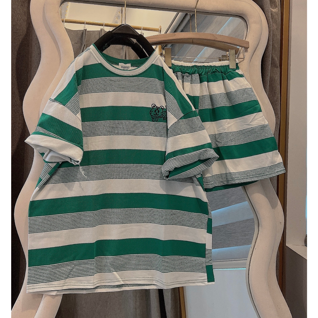 Set Cộc Thể Thao 3158 Kẻ Phối cổ Tròn Cạp Chun Unisex Nam Nữ Dáng Rộng - Bộ Đùi Ngắn Tay Chất Xốp