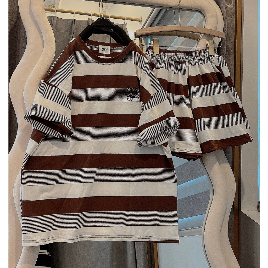 Set Cộc Thể Thao 3158 Kẻ Phối cổ Tròn Cạp Chun Unisex Nam Nữ Dáng Rộng - Bộ Đùi Ngắn Tay Chất Xốp