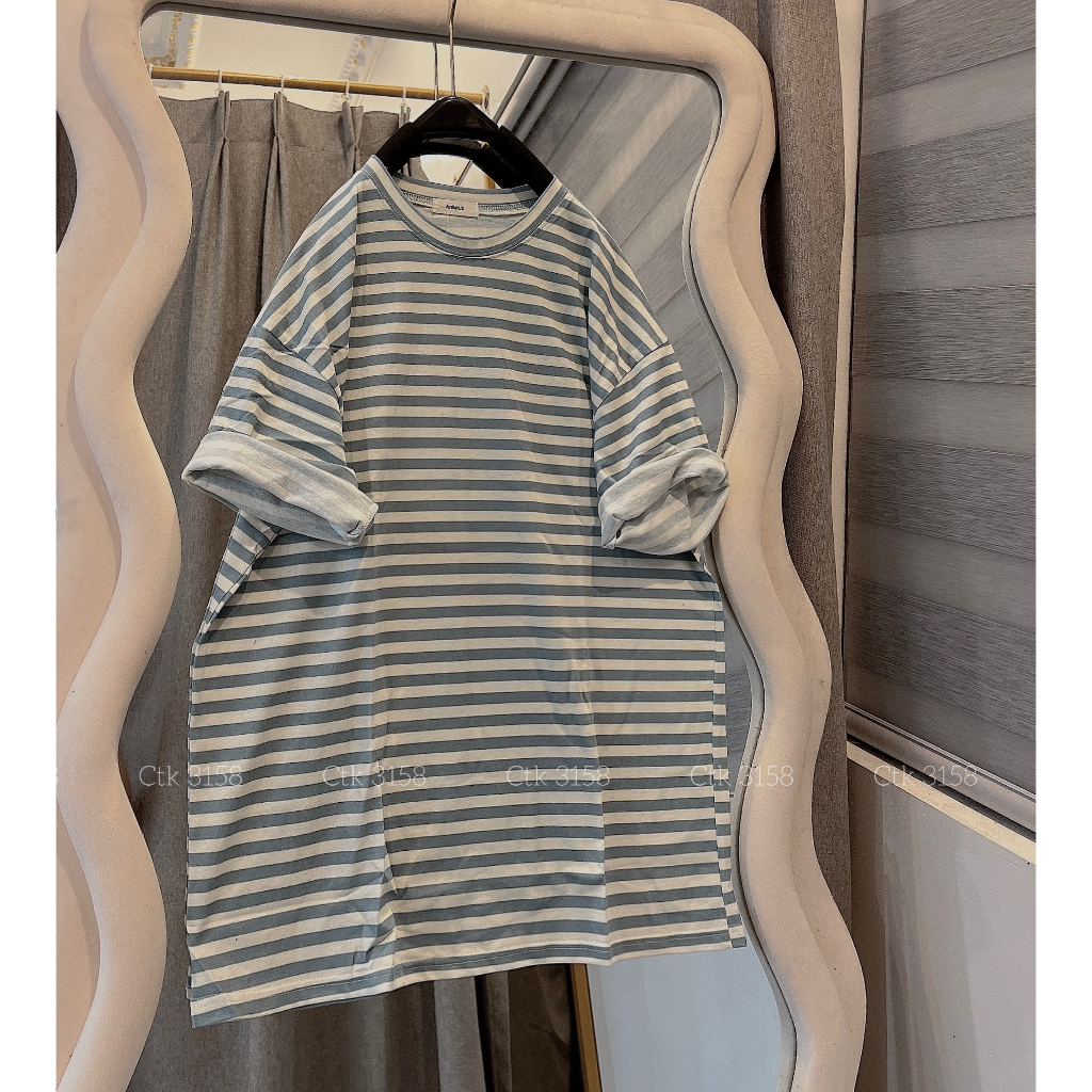 Phông kẻ 3158 Chất cotton Khô Dáng Rộng Nam Nữ Cổ Tròn Tay Lỡ Unisex KẺ Sọc - Áo THun Bigsize