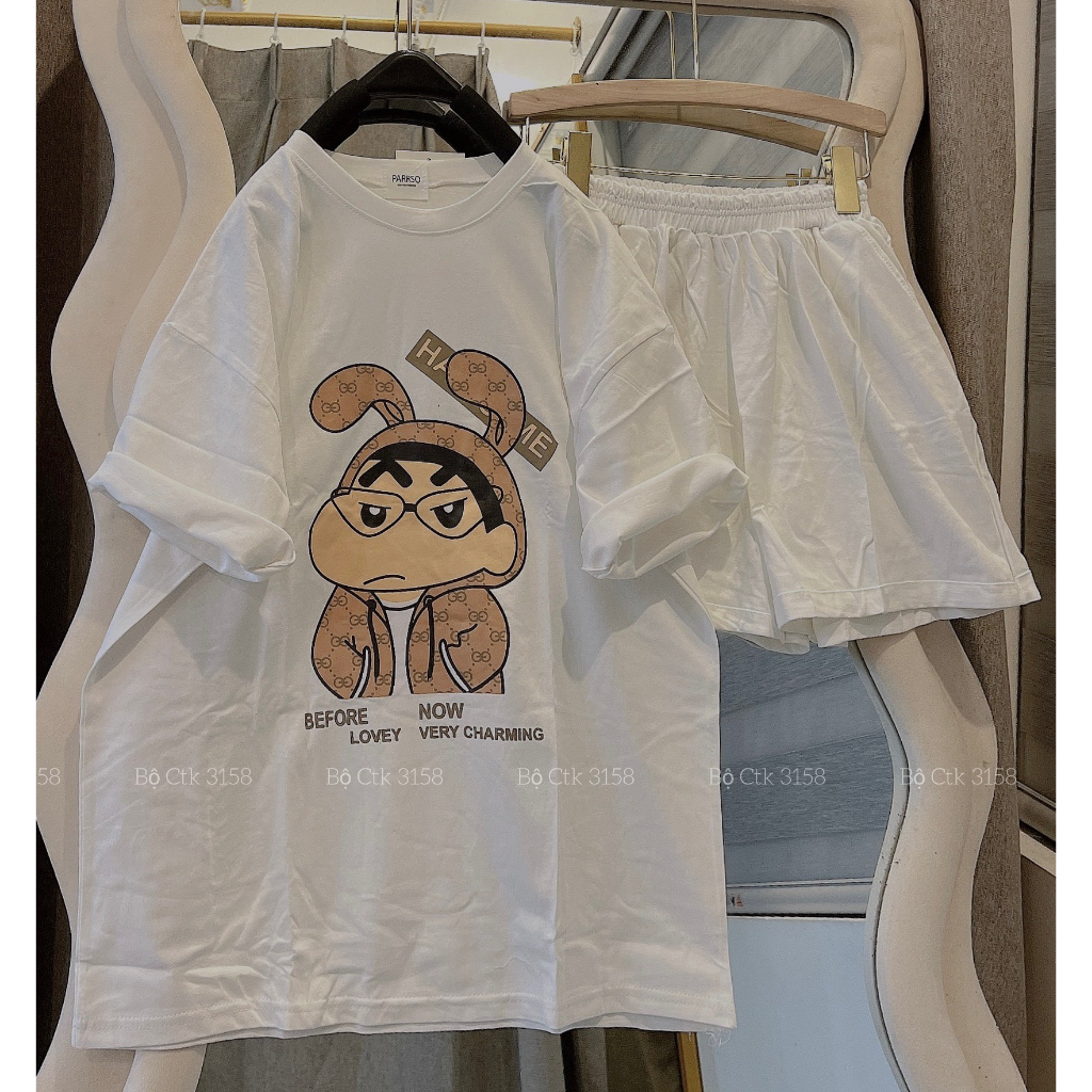 Set Cộc Thể Thao Dáng Rộng 3158 Hình Sin CHất Cotton Khô Cổ Tròn Tay Lỡ- Bộ Đùi Ngắn Tay Dáng Rộng