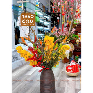 Bình gốm Bát Tràng dáng chuông quốc dân men nâu mộc vintage cắm hoa sen, hoa đào, lê, mận trang trí Tết