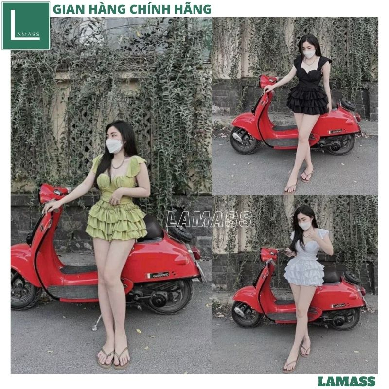 Bộ áo dây body lưng chun phối váy xếp ly bồng bềnh, Set áo 2 dây cánh tiên cup ngực kèm chân váy xếp tầng điệu đà - LAMA