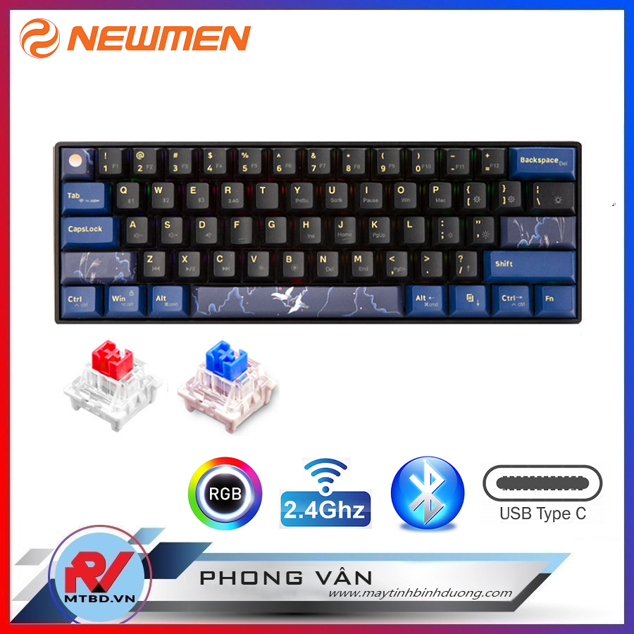 Bàn phím cơ Newmen GM610-PRO Red sw (Bluetooth 5.0 / Wireless 2.4Ghz) Hạc vũ ánh trăng