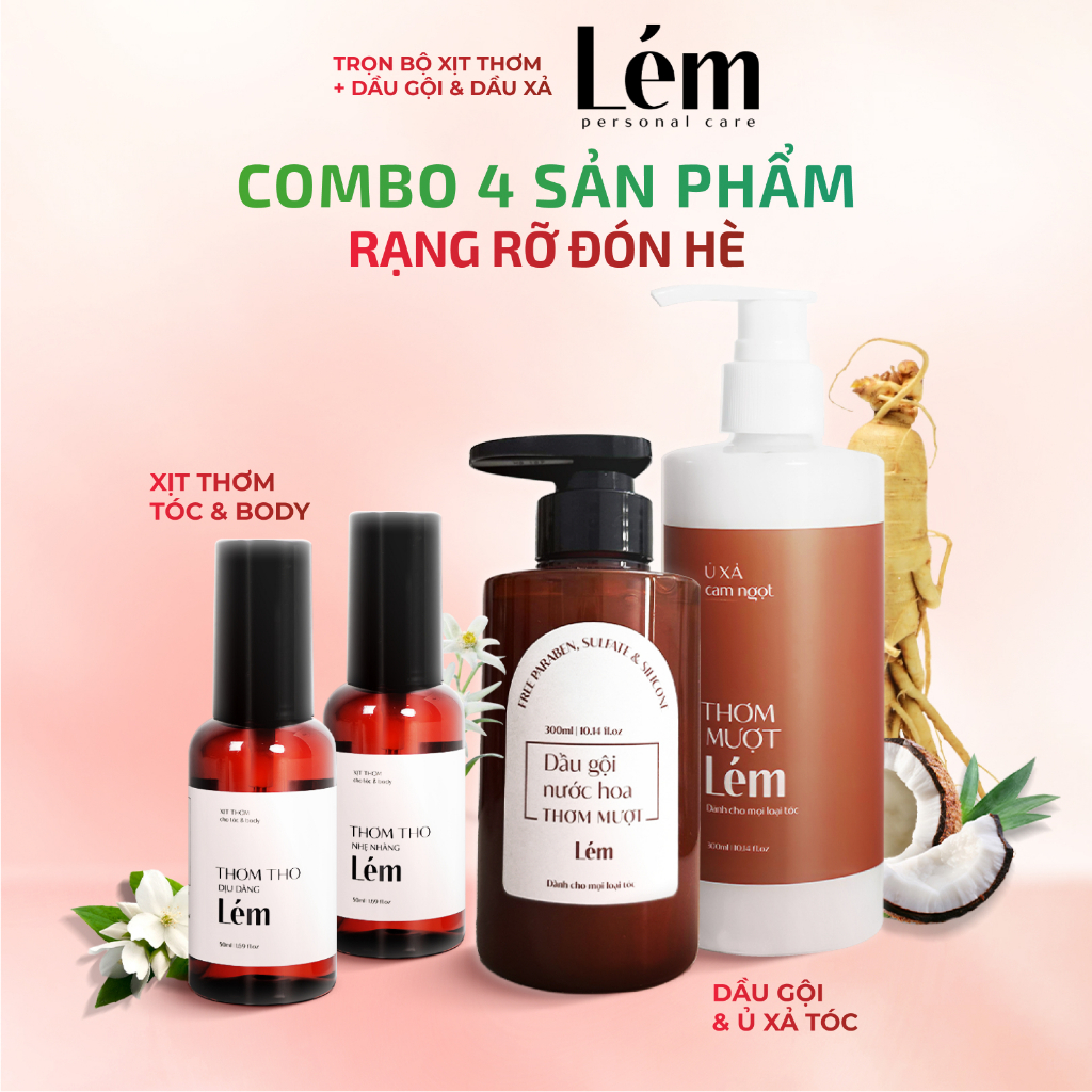 Combo 4 sản phẩm Gội, Ủ Xả Cam không sulfate làm mềm tóc và Xịt thơm cho tóc và body - Lém Việt Nam