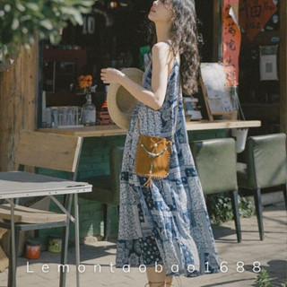 Sẵn- Váy Đầm Hoạ Tiết Thổ Cẩm Phong Cách Vintage Maxi Đi Biển Mùa Hè Lemontaobao