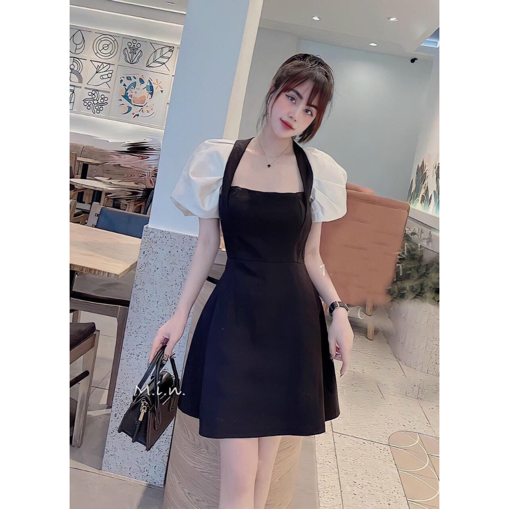 váy đen thiết kế phối tay phồng, váy đầm nữ dự tiệc chất liệu tafta cỏ vuông tay trắng phồng sxinh
