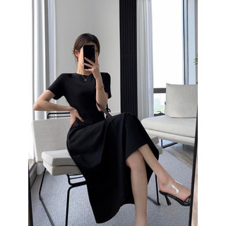 Đầm thun gân midi dáng A ngắn tay 1 màu đen V2807 Aholic