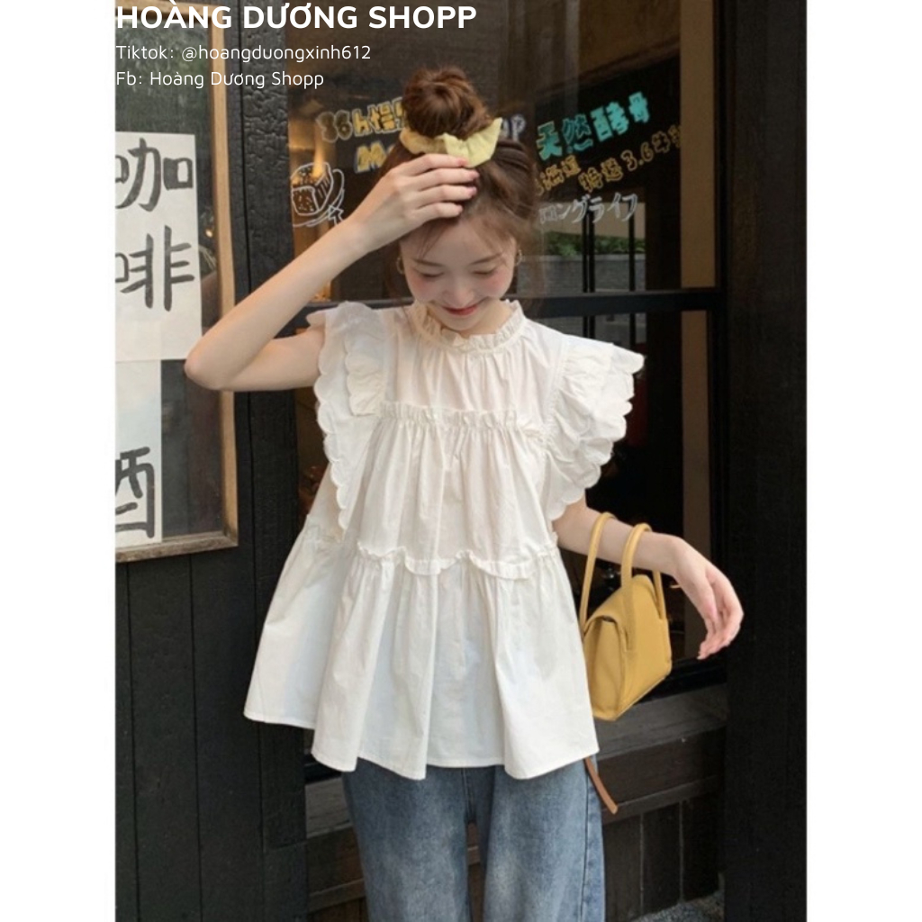 Áo Sơ Mi Trắng Baby Doll Phối Tay Cánh Tiên Form Rộng Thời Trang Mùa Hè Cho Nữ