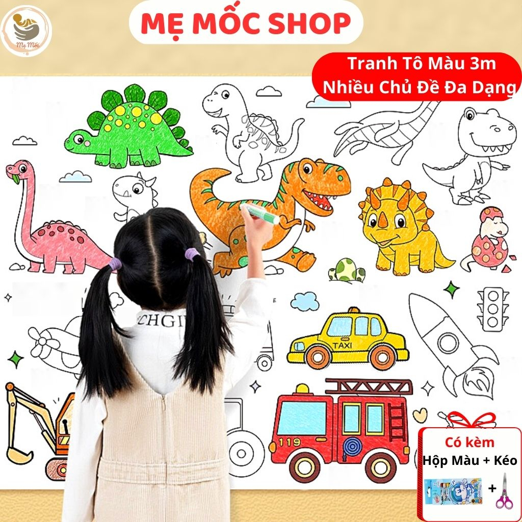 Combo Cuộn Tranh Tô Màu Cho Bé 3m Dán Tường Cuộn Nhiều Chủ Đề Memocshop Kèm Hộp Màu Tô Và Kéo Cắt Có Sẵn Keo Dán Mặt Sau