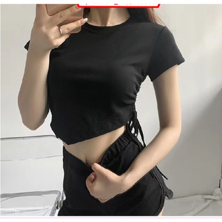 Áo croptop cổ tròn tay ngắn đan dây eo chéo tà body siêu xinh