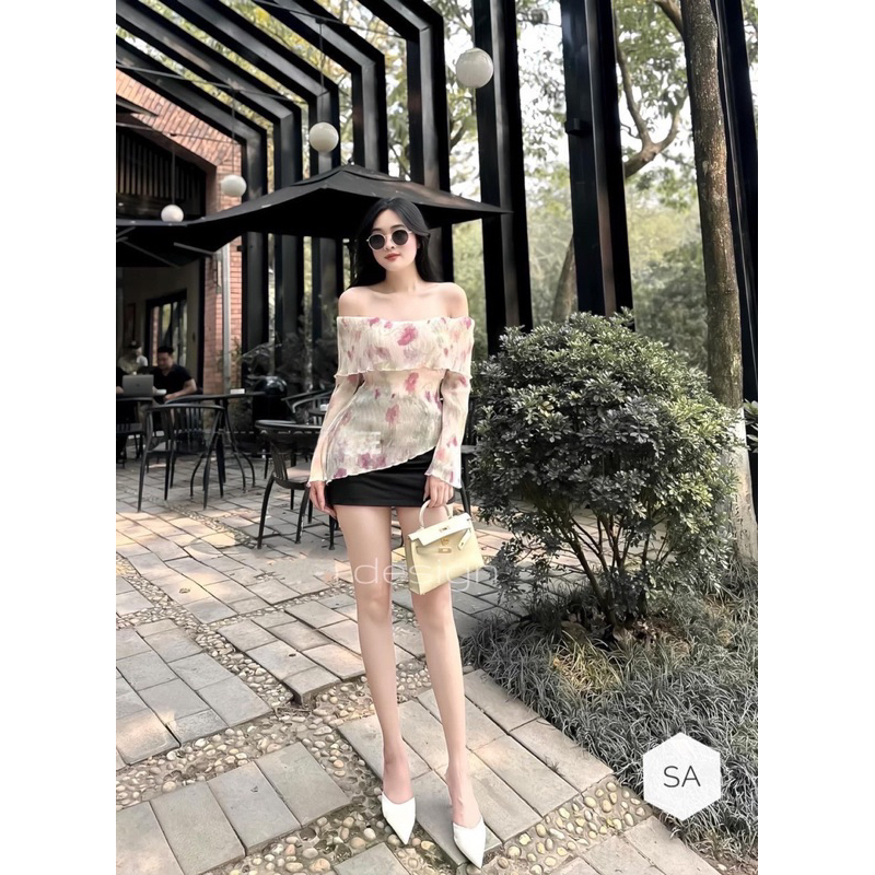 Áo tơ hoa trễ vai tay dài Sang Chảnh sẵn ship ngay