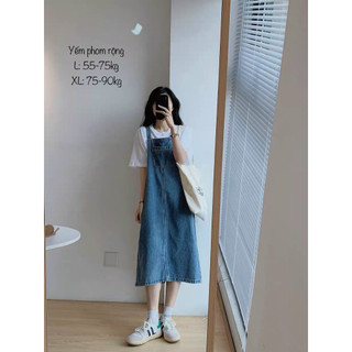 Yếm váy jean nữ dáng dài, xanh đậm 4506, không giãn
