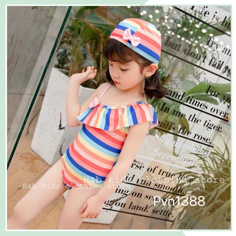 Đồ bơi bé gái, bikini cho bé gái kèm mũ tròn thiết kế lệch vai cho bé đi bơi, đi biển DB05