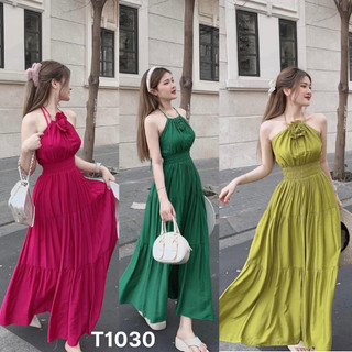 Đầm maxi cổ yếm đính bông cổ bo eo có mút ngực trơn dáng dài đi biển lụa 100d 1030
