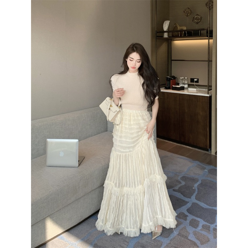 Set Áo Váy SONOMI Dịu Dàng Áo Len Dệt Kim Tay Ngắn Eo Cao Chân Váy Dài