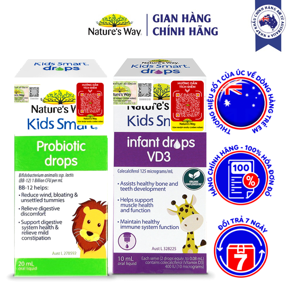 Combo 2 Hộp Nature's Way Kids Smart Drops Probiotic Bổ Sung Men Vi Sinh Và Infant Drops VD3 Bổ Sung Vitamin D Cho Bé