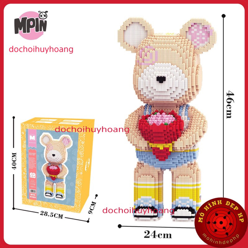 Đồ chơi lắp ráp xếp hình 3D bearbrick gấu mpin cao 46cm ôm hoa có búa