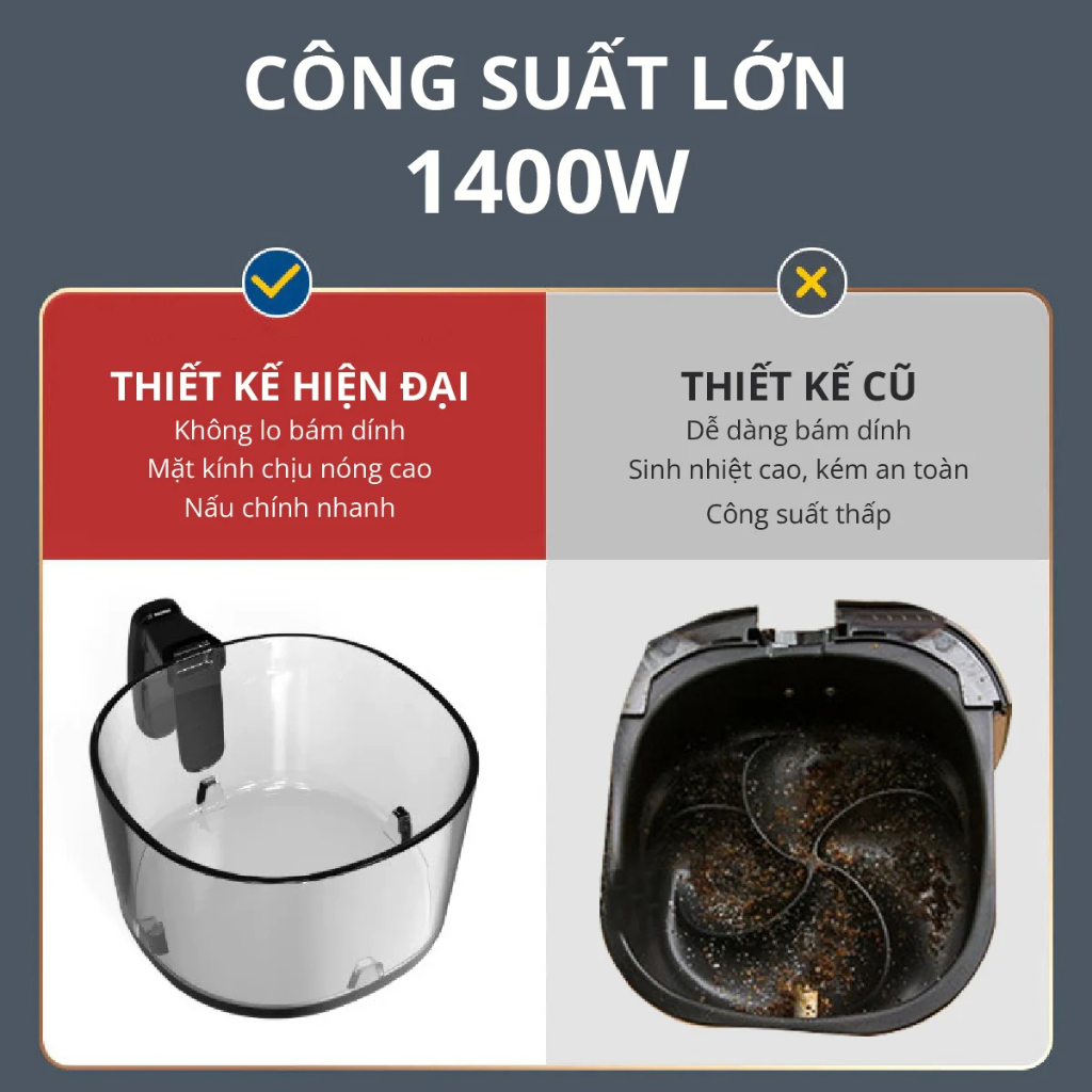 Nồi chiên không dầu thuỷ tinh 6L Mishio MK349 không sợ bong tróc gỉ sét khay chiên