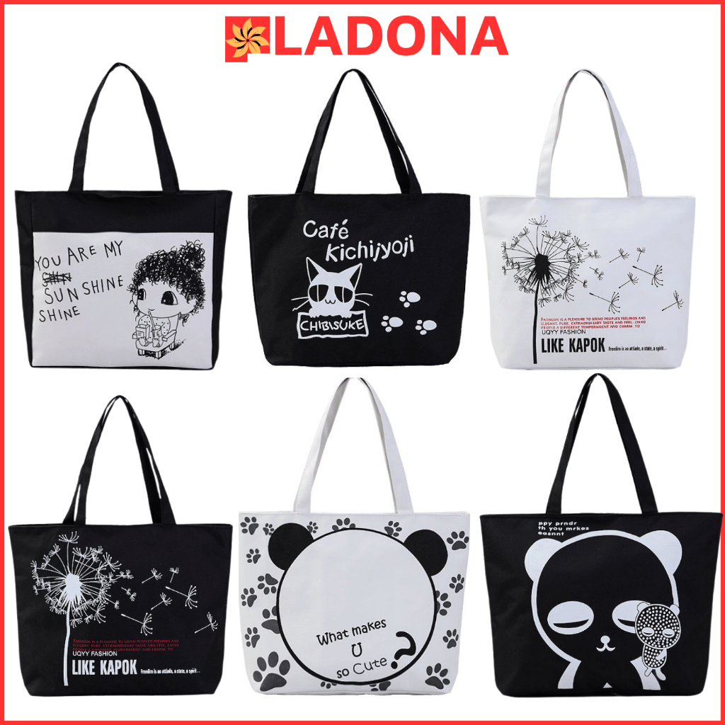 Túi tote túi vải canvas phong cách Hàn quốc, có khóa kéo ngăn phụ bên trong thời trang ulzzang LADONA TX18