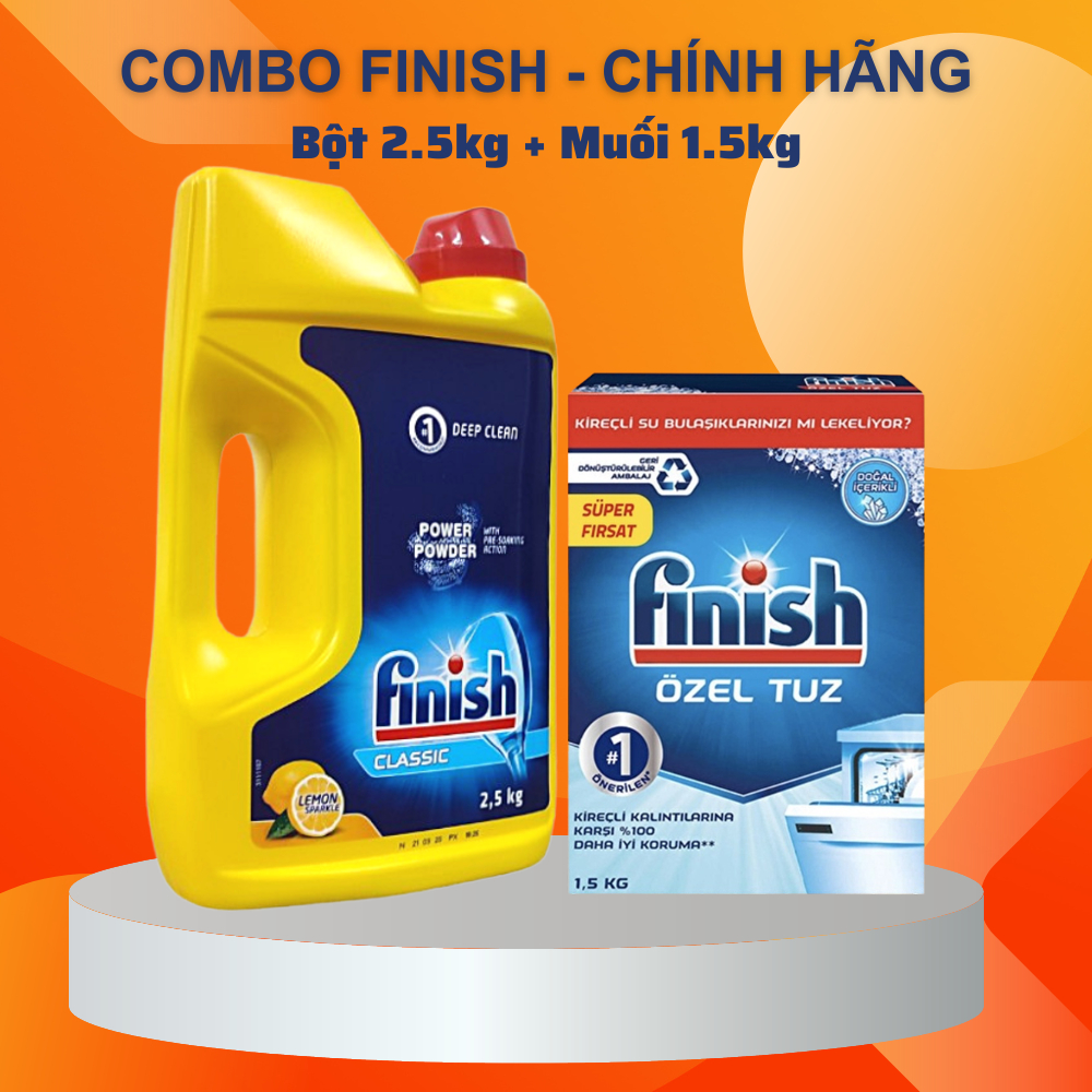 Combo rửa chén bát Finish: Bột Finish 2,5kg + Muối Finish 4kg + Bóng Finish 1150 ml - CHÍNH HÃNG - TIẾT KIỆM