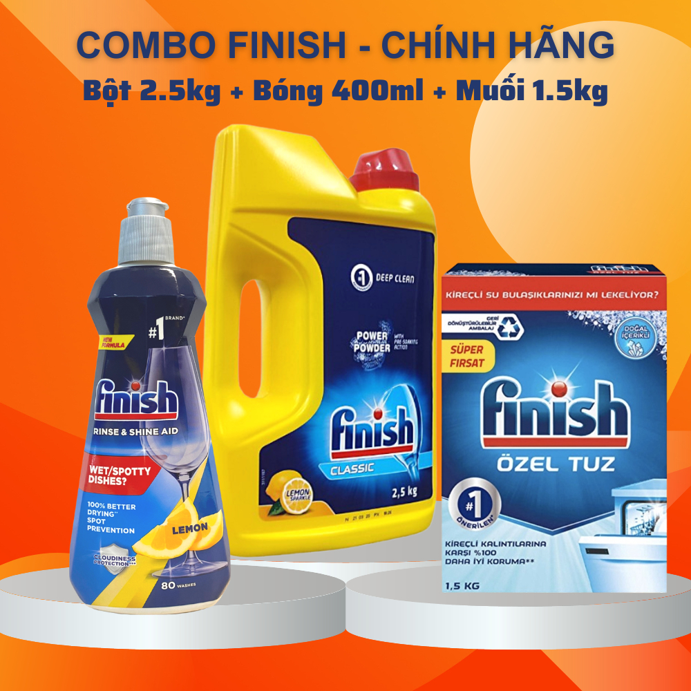 Combo rửa chén bát Finish: Bột Finish 2,5kg + Muối Finish 4kg + Bóng Finish 1150 ml - CHÍNH HÃNG - TIẾT KIỆM