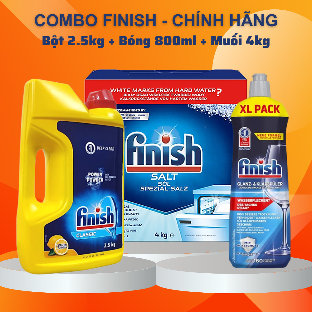 Combo rửa chén bát Finish: Bột Finish 2,5kg + Muối Finish 4kg + Bóng Finish 1150 ml - CHÍNH HÃNG - TIẾT KIỆM