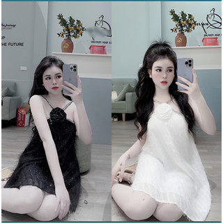ĐẦM LÔNG VŨ ĐÍNH HOA HỒNG CỔ YẾM KIM SA DÁNG SEXY