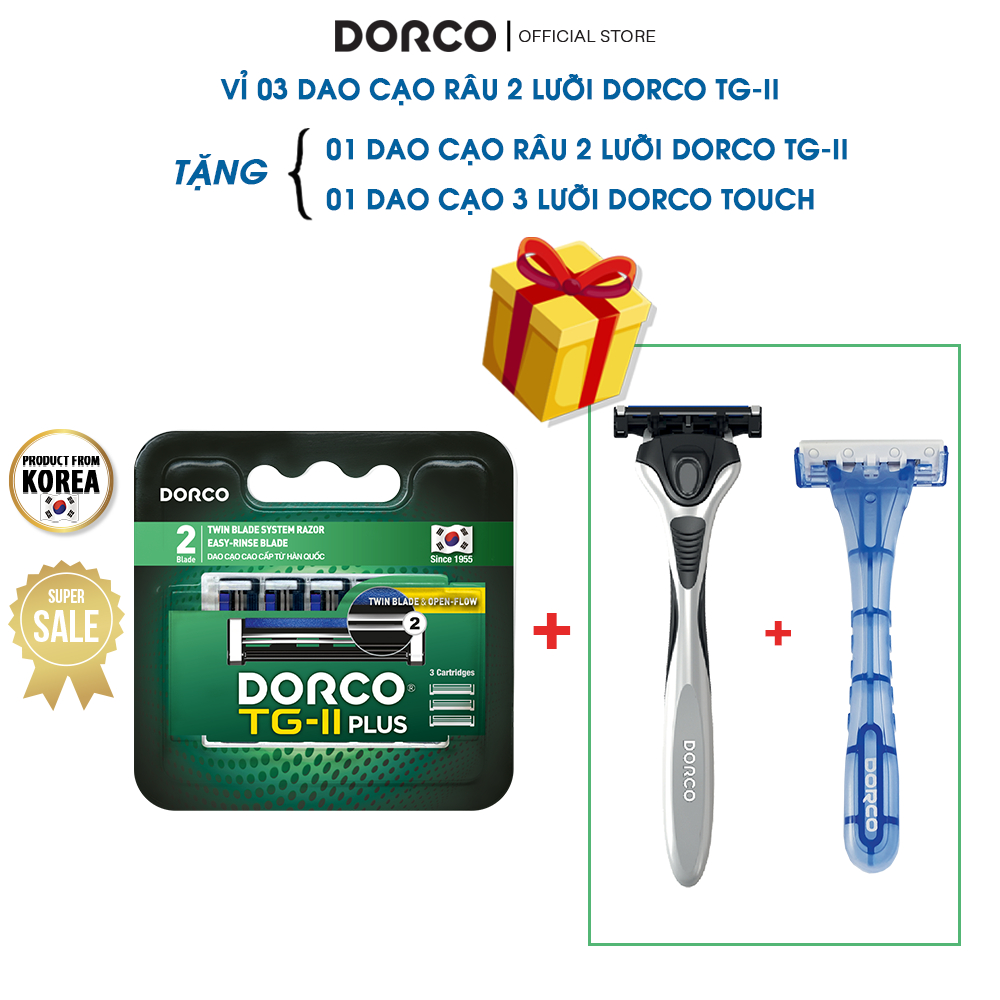 Hộp 3 Đầu Dao Cạo 2 Lưỡi Và Hộp Quà Tặng Cán Dao Cạo Râu 2 Lưỡi Dorco TG-II Plus