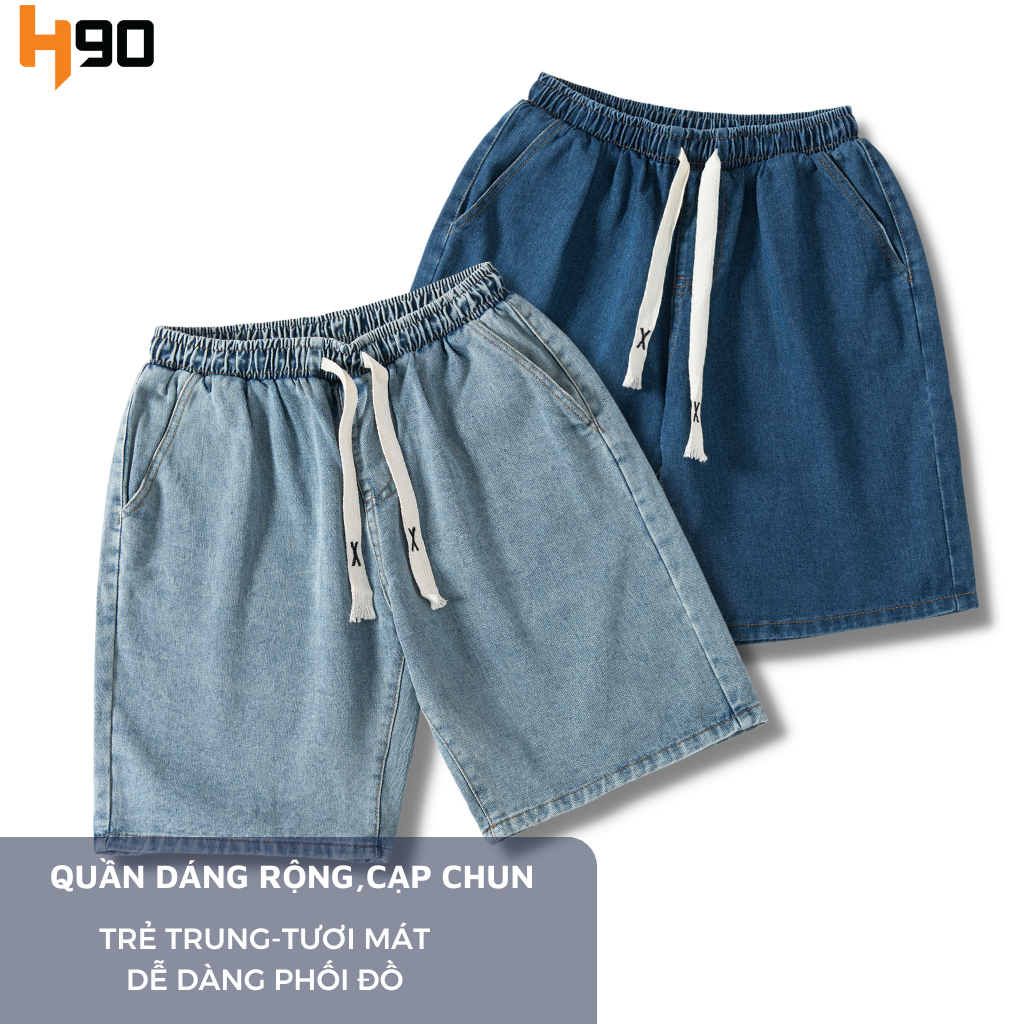 Quần Short Jean Nam H90 Cạp Chun Vải Bò Mềm Ống Suông Rộng Lưng Thun Dây Rút Trẻ Trung Năng Động HSTJ007