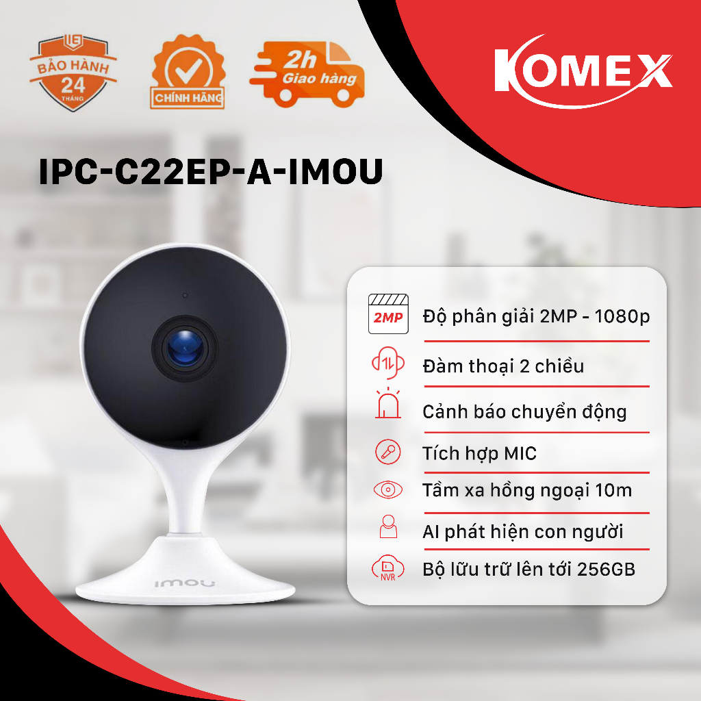 Camera imou Trong Nhà C22EP Ip Wifi Full HD 1080P, Đàm thoại 2 chiều, Còi báo động và Cảnh báo chuyển động - Komex