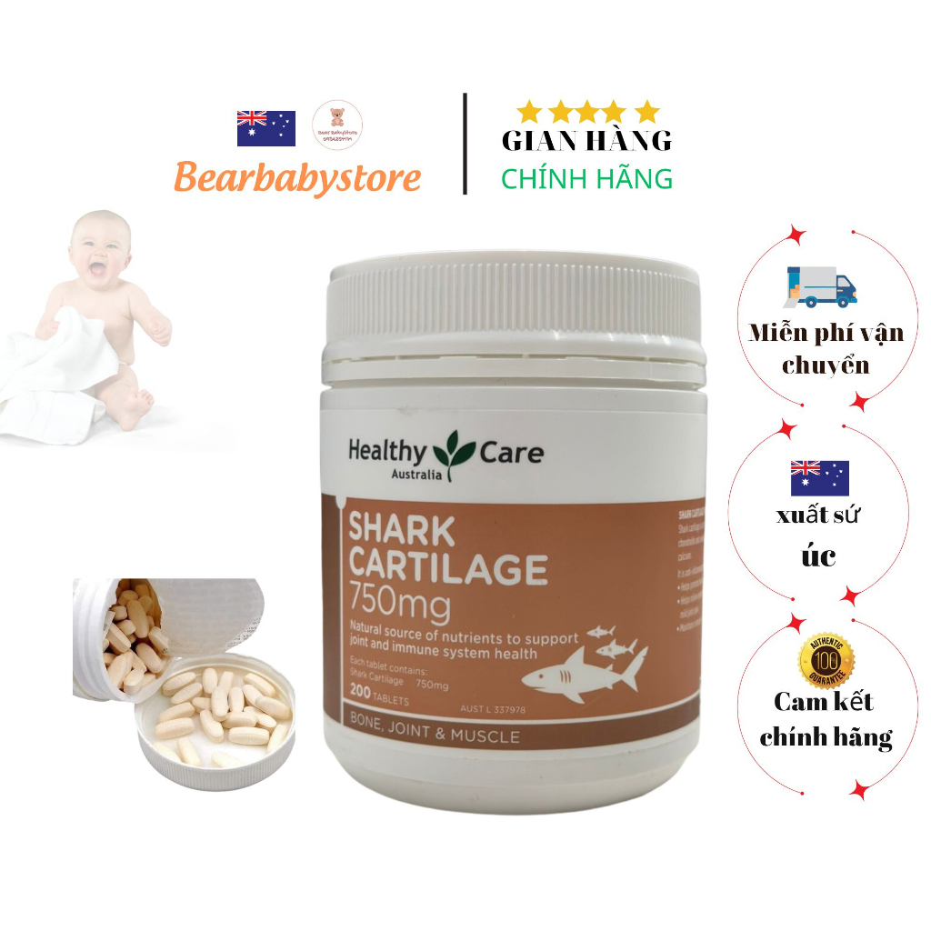 Sụn Vi Cá Mập Healthy Care Shark Cartilage 750mg 200 viên Bổ Xương Khớp của ÚC