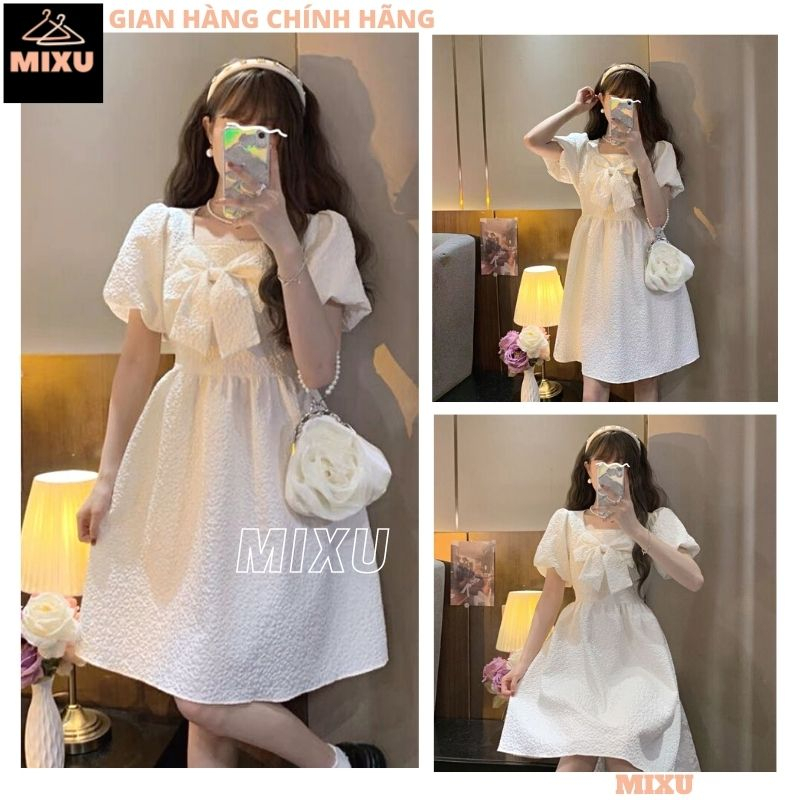 Đầm gấm xốp trắng cổ vuông tay bồng đính nơ, Váy babydoll dáng xòe tiểu thư công chúa đi chơi dự tiệc hàn quốc - MIXU