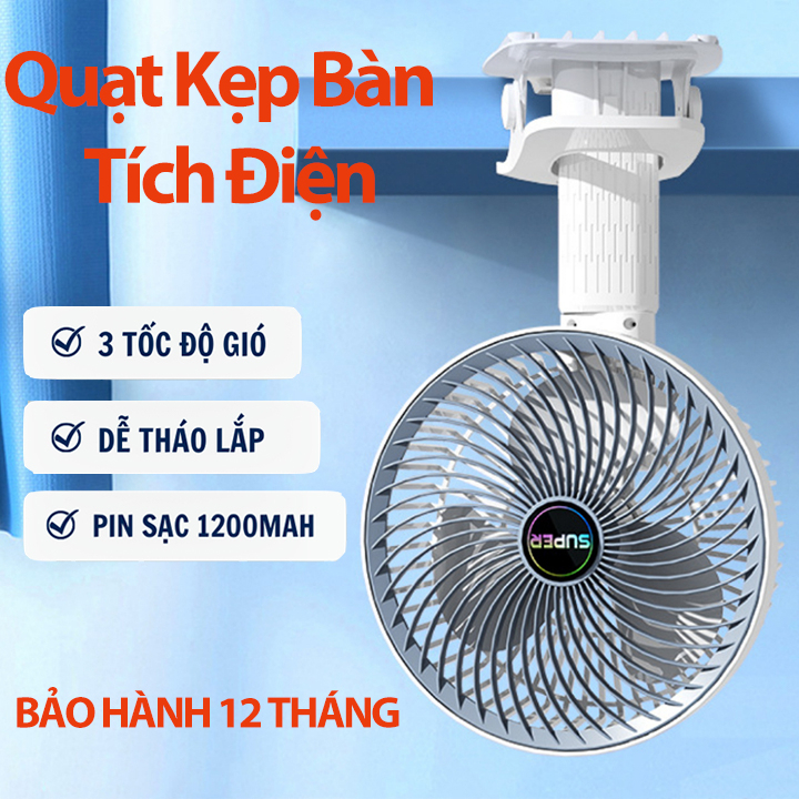 Quạt Kẹp Bàn Tích Điện SUPERWIND 3 Tốc Độ Gió Xoay 360 Độ - Quạt Tích Điện Kẹp Bàn Siêu Mát Bảo Hành 12 Tháng