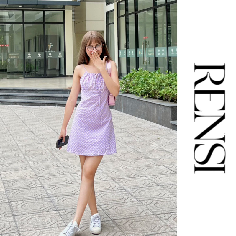 Váy 2 dây caro chữ a RENSI dáng xoè ngắn phong cách đi biển mùa hè màu tím pastel D02
