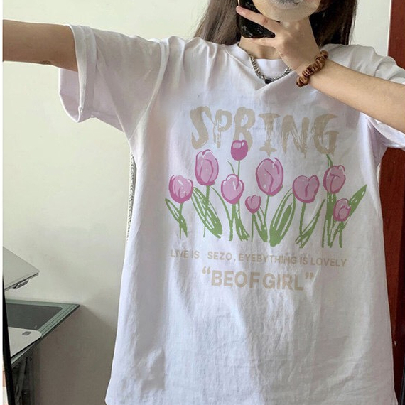 Áo thun tay lỡ nữ SAM CLO freesize phông form rộng dáng Unisex - mặc cặp, nhóm, lớp in hoa tulip BE OF GIRL
