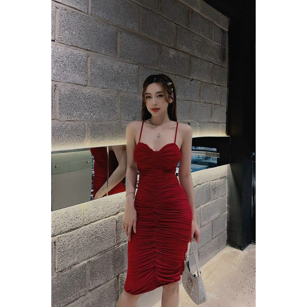 Đầm body hai dây nhún xẻ tà sau - đầm đi tiệc đi chơi