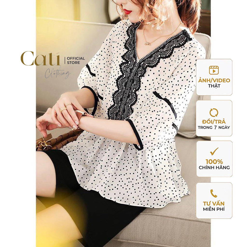 Sơ mi Cati phối ren tay cổ tim