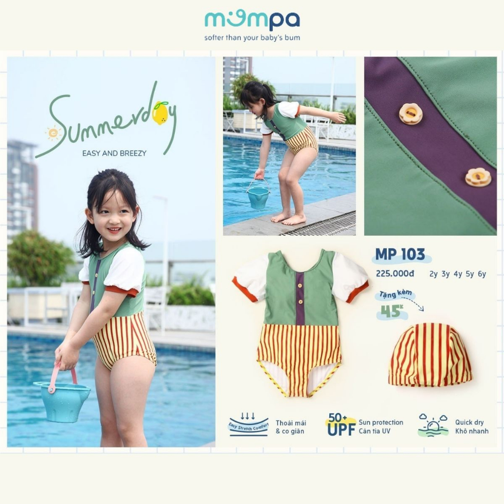 Đồ bơi bé gái Mompa 2-6 tuổi bộ Bikini tặng kèm mũ bơi vải Cotton thoáng mát mềm mát thấm hút nhanh khô 103