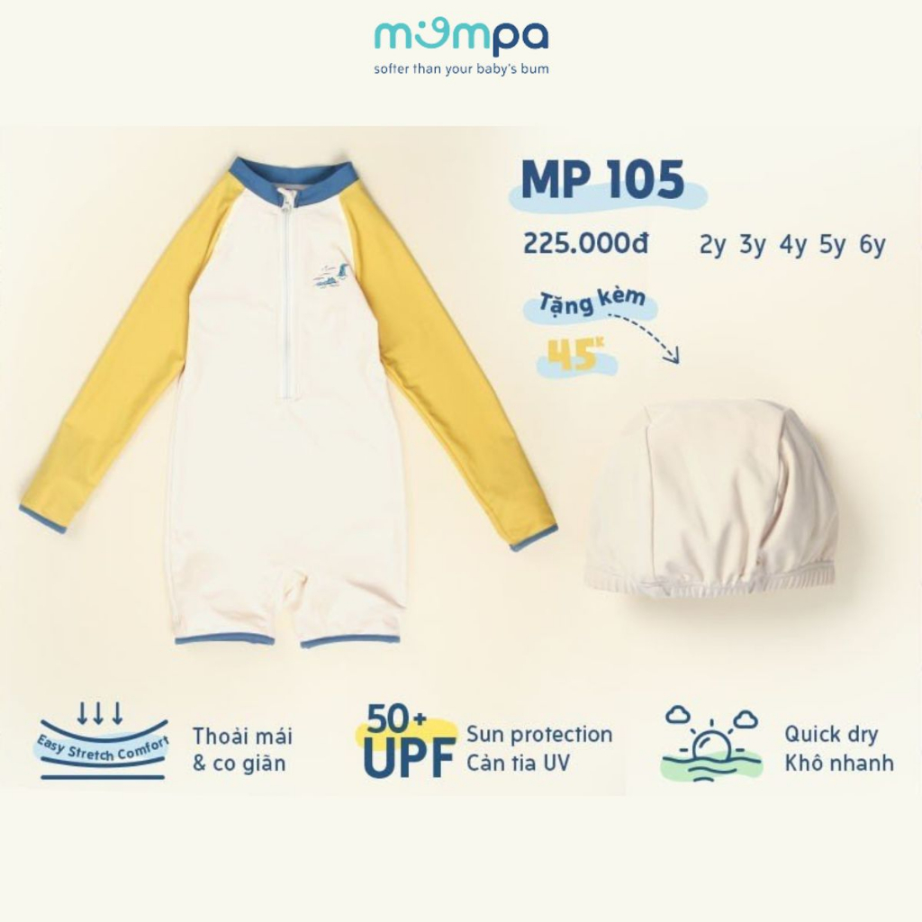 Đồ bơi bé trai Mompa 2-6 tuổi bộ Bikini tặng kèm mũ bơi vải Cotton thoáng mát mềm mát thấm hút nhanh khô 105