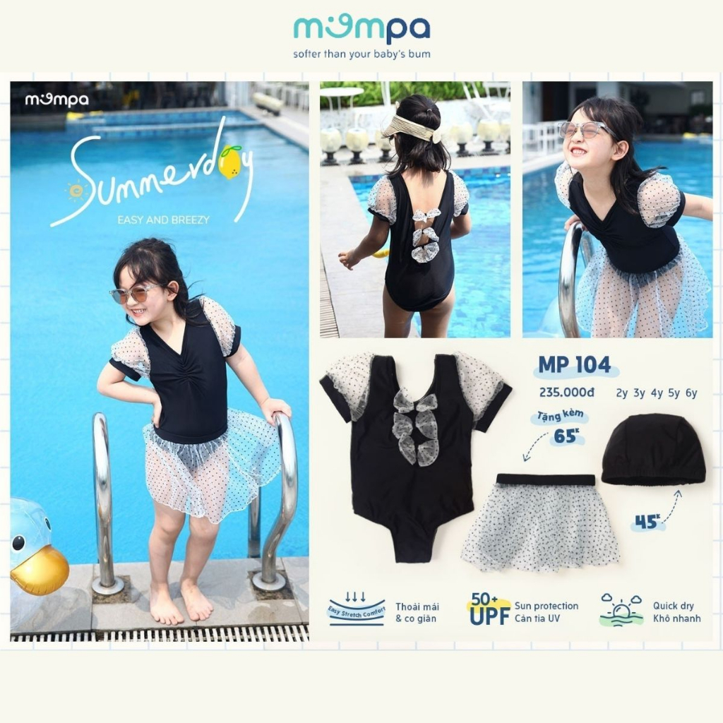 Đồ bơi bé gái Mompa 2-6 tuổi bộ Bikini tặng kèm mũ bơi vải Cotton thoáng mát mềm mát thấm hút nhanh khô 104