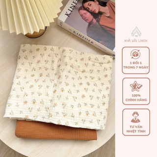 Vải muslin họa tiết hoa nhụy nâu - muslin nâu bò nhà vải linen
