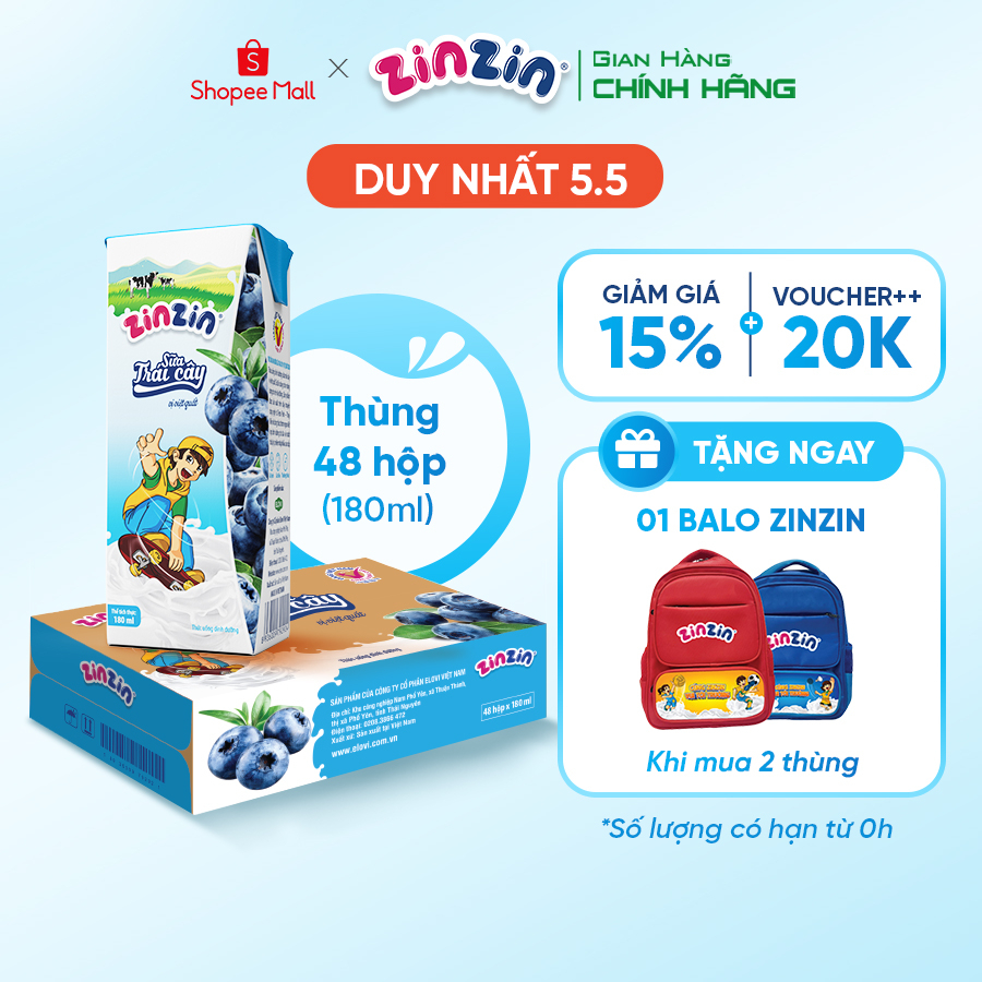 Thùng 48 hộp Sữa trái cây ZinZin vị việt quất 180ml - Siêu ưu đãi