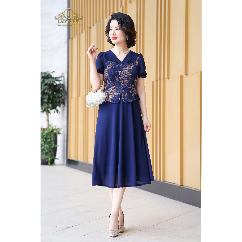 Đầm peplum ren nhũ phối voan cúc tàu Ladyshop thời trang trung niên cao cấp T139