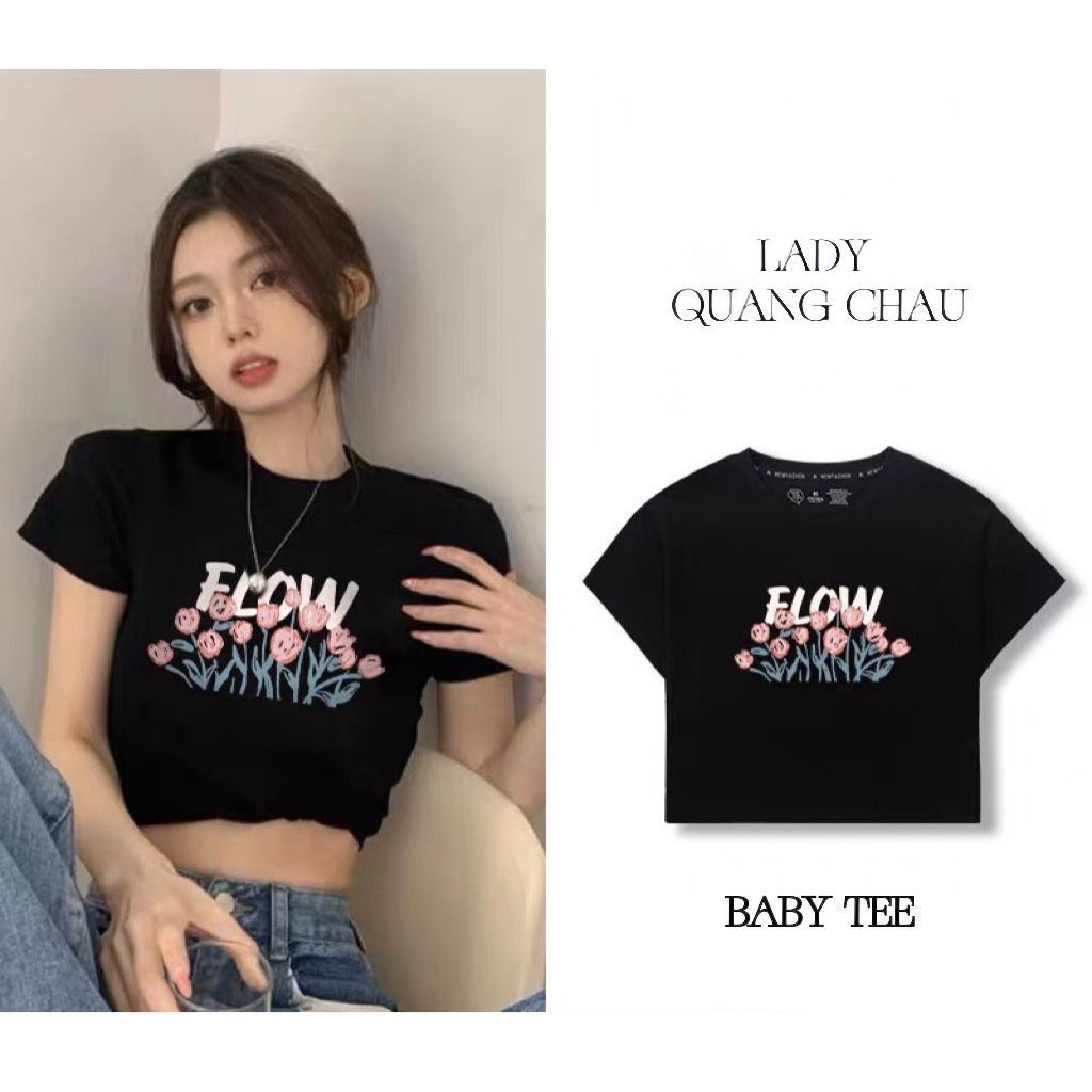 Áo thun baby tee flow tuylip màu đen cá tính, áo phông nữ chất dày mát phong cách độc đáo mùa hè DELIZ