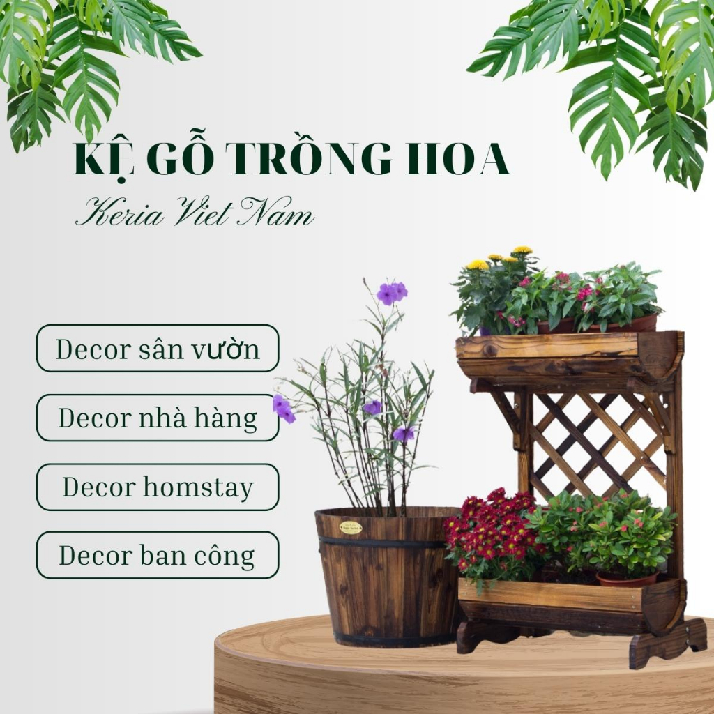 Kệ gỗ trồng sen đá, kệ trồng hoa ngoài trời trồng cây dây leo 2 tầng cao cấp