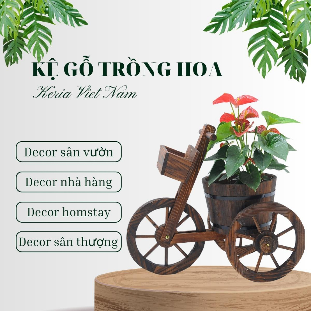 Kệ trồng cây ngoài trời có bánh xe kiểu dáng đẹp lạ có kèm chậu gỗ trồng cây vintage 3 bánh, kệ gỗ trồng cây KG05