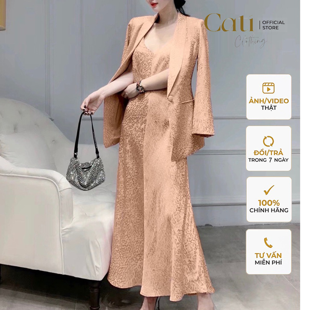 Set Bộ Áo Blazer Phối Đầm Lụa Gấm Hoa Satin 2d A679 Vai Áo Có Độn Tạo Dáng Hàng 2 Lớp Sắc Nét